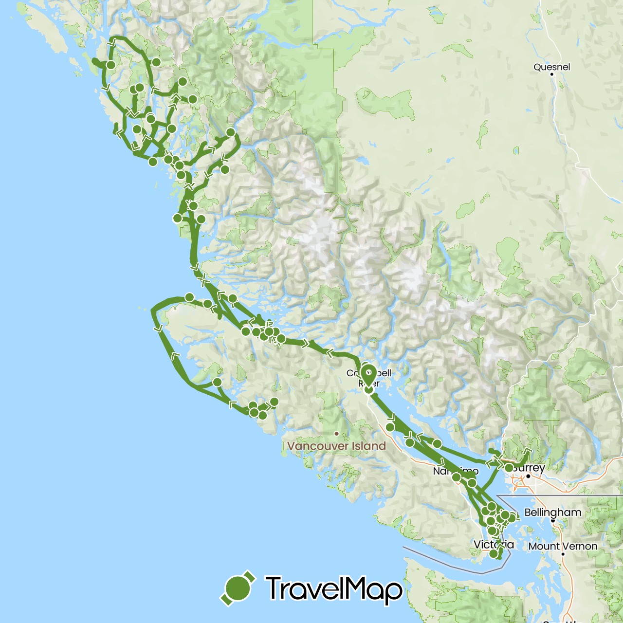 TravelMap itinerary: sailing in Canada (North America)